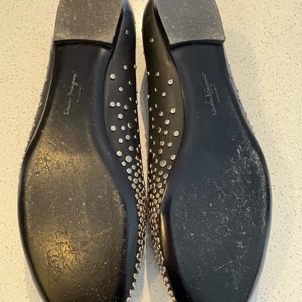 Salvatore Ferragamo Black Silver Studded Flats - Picture 5 of 7